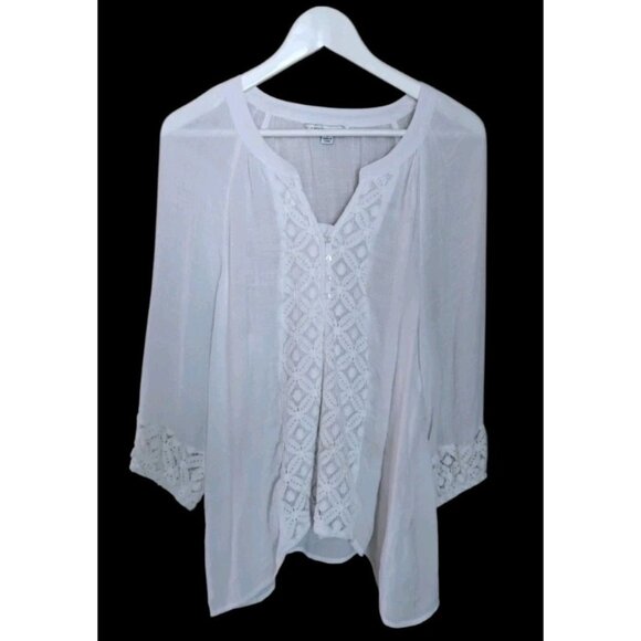 Counterparts Tops - Womens Semi-Sheer Blouse Asymmetric Lace Accent Casual Event Flowy Size L White